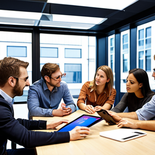 Home 4 **
Prompt: A diverse team of designers, engineers, and marketers collaboratively brainstorming ideas for a new mobile banking app in a modern office space. Focus on the energy and synergy of the group.
**