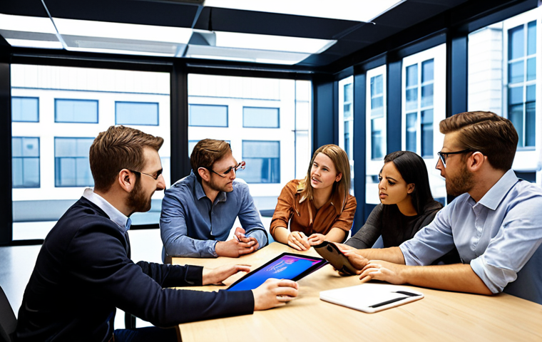 **
Prompt: A diverse team of designers, engineers, and marketers collaboratively brainstorming ideas for a new mobile banking app in a modern office space. Focus on the energy and synergy of the group.
**