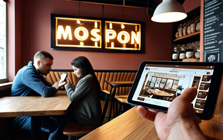** A cozy coffee shop scene. A product designer is subtly observing people using their smartphones and tablets. Focus on capturing the atmosphere of observation and user behavior study. The setting is a modern Moscow coffee shop with Cyrillic signs visible. Emphasis on capturing real-world UX research.
**