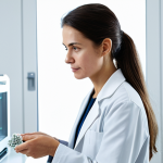 A professional female product designer in a modest lab coat over professional dress, standing in a bright, modern design studio. She is holding and meticulously examining a small, intricate 3D-printed prototype, possibly a translucent medical device part, showcasing extreme precision and fine details. A sleek photopolymer 3D printer is visible in the background. The atmosphere is one of innovation and focused creation. perfect anatomy, correct proportions, natural pose, well-formed hands, proper finger count, natural body proportions, fully clothed, appropriate attire, safe for work, appropriate content, professional, high quality.
