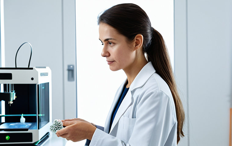 A professional female product designer in a modest lab coat over professional dress, standing in a bright, modern design studio. She is holding and meticulously examining a small, intricate 3D-printed prototype, possibly a translucent medical device part, showcasing extreme precision and fine details. A sleek photopolymer 3D printer is visible in the background. The atmosphere is one of innovation and focused creation. perfect anatomy, correct proportions, natural pose, well-formed hands, proper finger count, natural body proportions, fully clothed, appropriate attire, safe for work, appropriate content, professional, high quality.