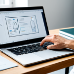 A professional product designer in business casual attire, seated at a modern desk in a well-lit, minimalist co-working space. A laptop displays a complex UX/UI design wireframe, with books on design thinking and a framed certificate nearby. Soft studio lighting. High-resolution, realistic photo, perfect anatomy, correct proportions, natural pose, well-formed hands, proper finger count, natural body proportions, professional photography, safe for work, appropriate content, fully clothed, modest, family-friendly.