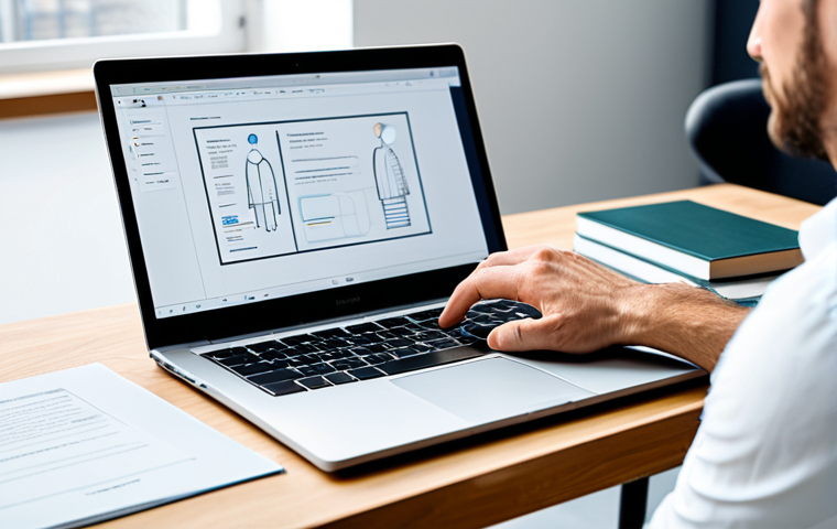 A professional product designer in business casual attire, seated at a modern desk in a well-lit, minimalist co-working space. A laptop displays a complex UX/UI design wireframe, with books on design thinking and a framed certificate nearby. Soft studio lighting. High-resolution, realistic photo, perfect anatomy, correct proportions, natural pose, well-formed hands, proper finger count, natural body proportions, professional photography, safe for work, appropriate content, fully clothed, modest, family-friendly.