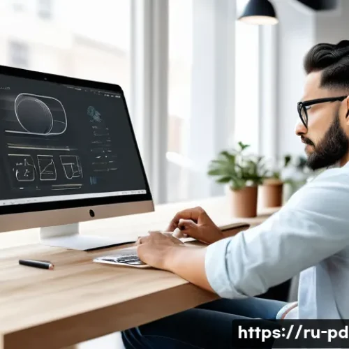 제품디자인 이직 시 포트폴리오 업데이트 전략 - A professional product designer working at a modern startup office, focused on a sleek laptop displa...