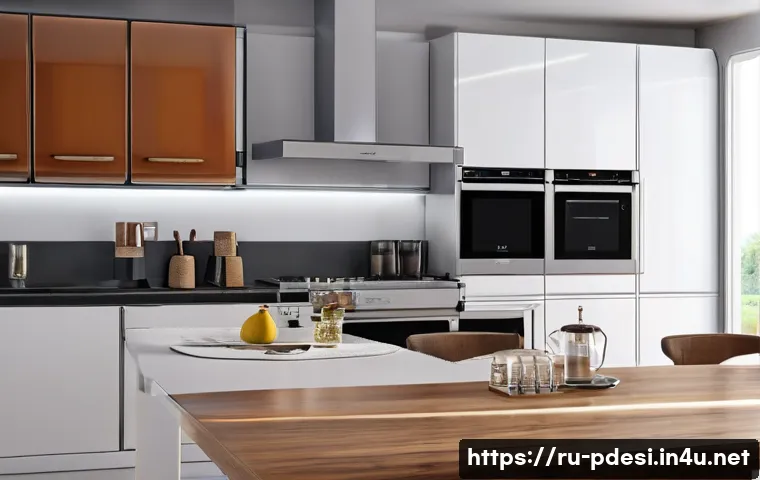 제품디자인에서 사용하는 렌더링 소프트웨어 비교 - A photorealistic product design studio scene showcasing a modern kitchen appliance rendered with V-R...
