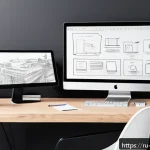 Home 19 제품디자인 포트폴리오와 자기소개서 연계법 - A professional designer’s portfolio workspace, featuring a sleek modern desk with a high-resolution ...