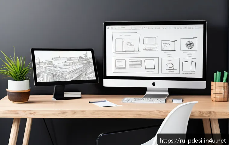 제품디자인 포트폴리오와 자기소개서 연계법 - A professional designer&rsquo;s portfolio workspace, featuring a sleek modern desk with a high-resolution ...